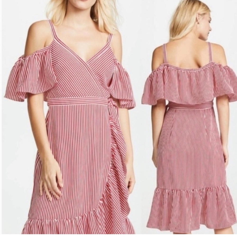Club Monaco Daphnis Red Striped Ruffle Wrap Dress